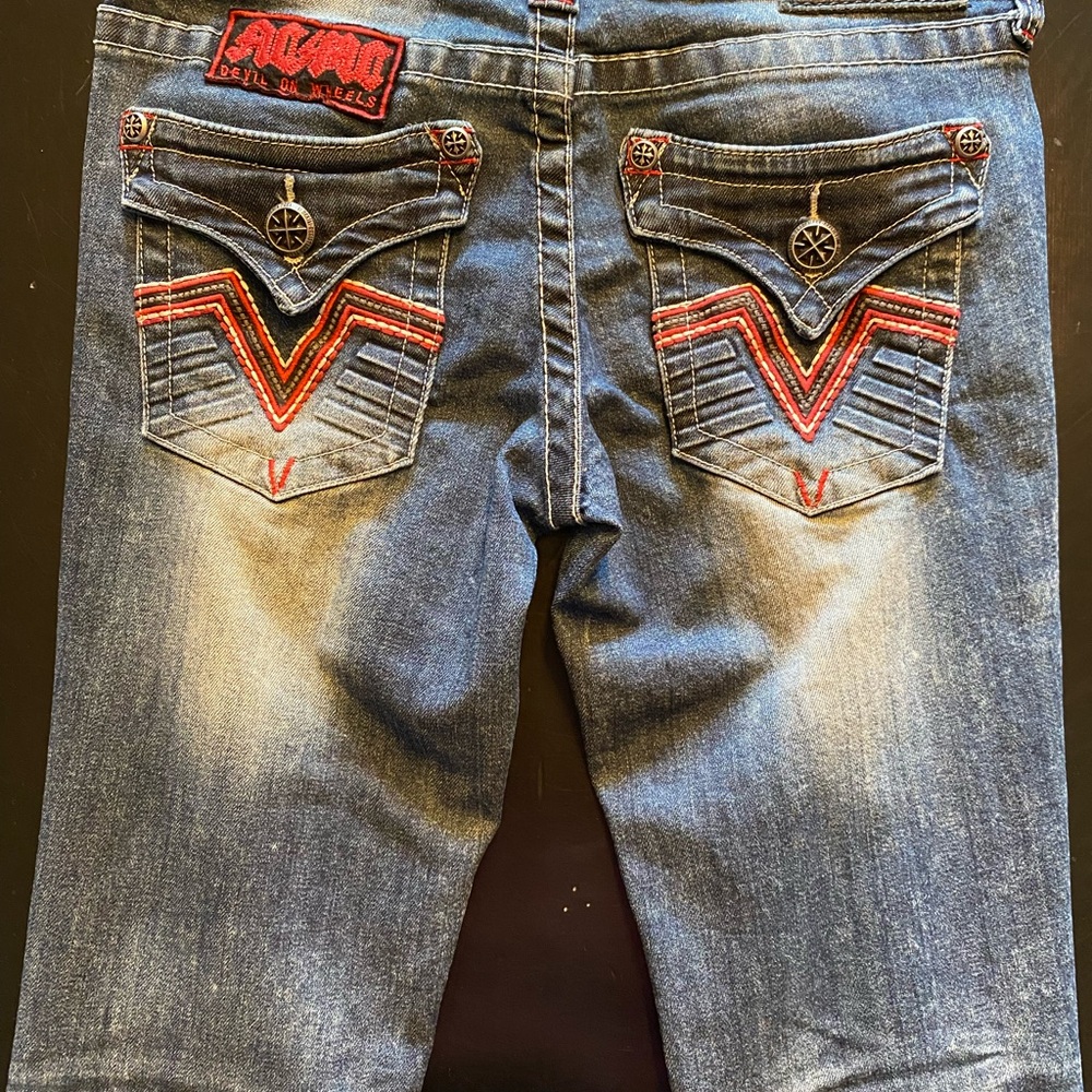 Affliction Blue Jeans with Red Stitching